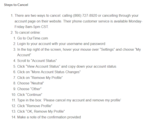 cancel profile ourtime